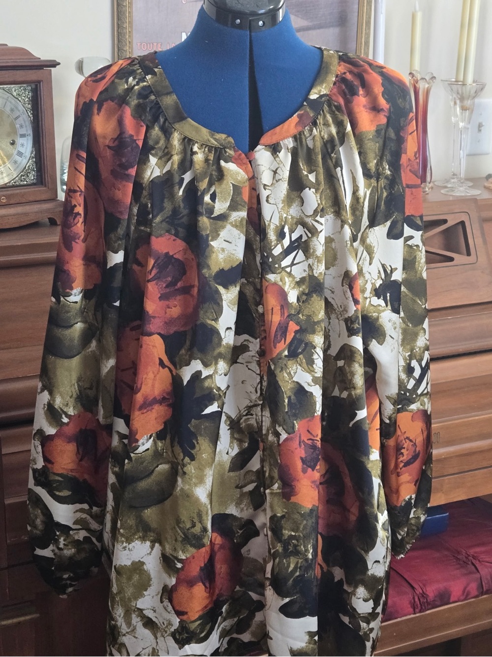 Democracy Floral Satin Blouse in Olive, Rust & Cream SIZE XXL New w/tags